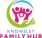 Knowsley Start for Life Family Hubs Logo graphic of green hand holding a graphic of two adults and a child in pink and a blue swoosh above.